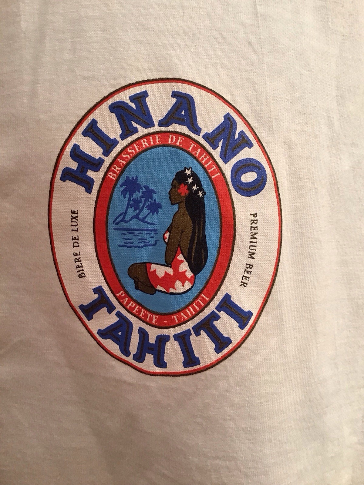 White Hinano Tahiti Beer Branded T-shirt With Large Logo On Back Size L