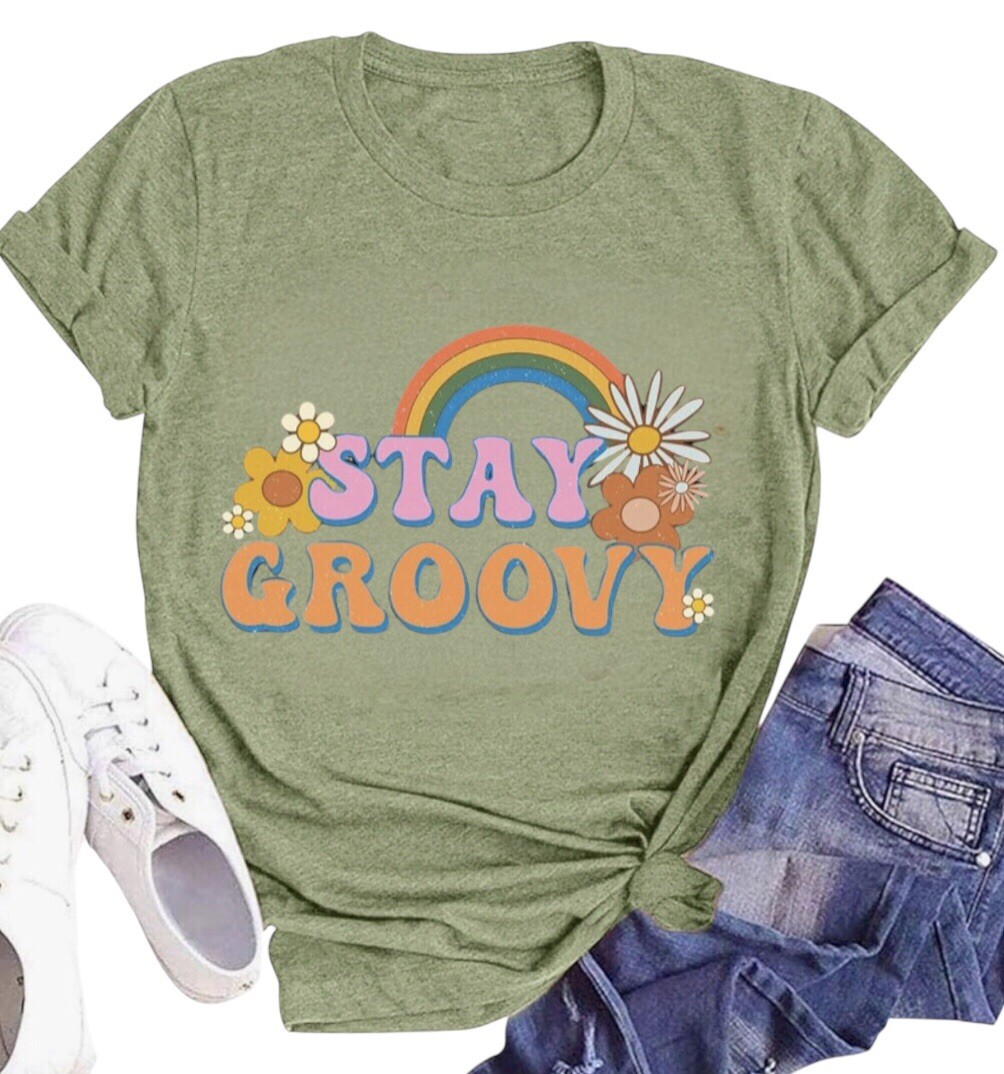 Stay Groovy Rainbow T-Shirt Retro Hippie 70’s Flower Graphic Tee Tops Size 2XL