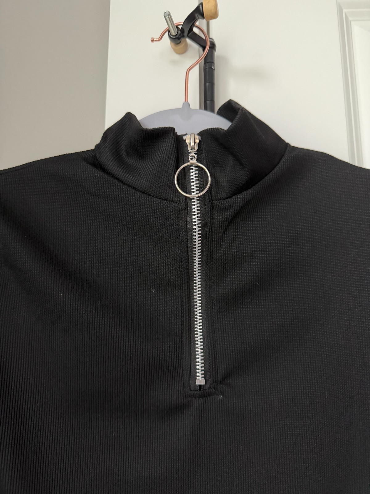 Black Mock Neck Quarter Zip Top Silver Zipper Slim Fit Long Sleeve Pullover