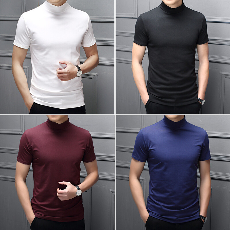 Mens High Neck T Shirt Stretch Turtle Casual Short Sleeve Slim Top