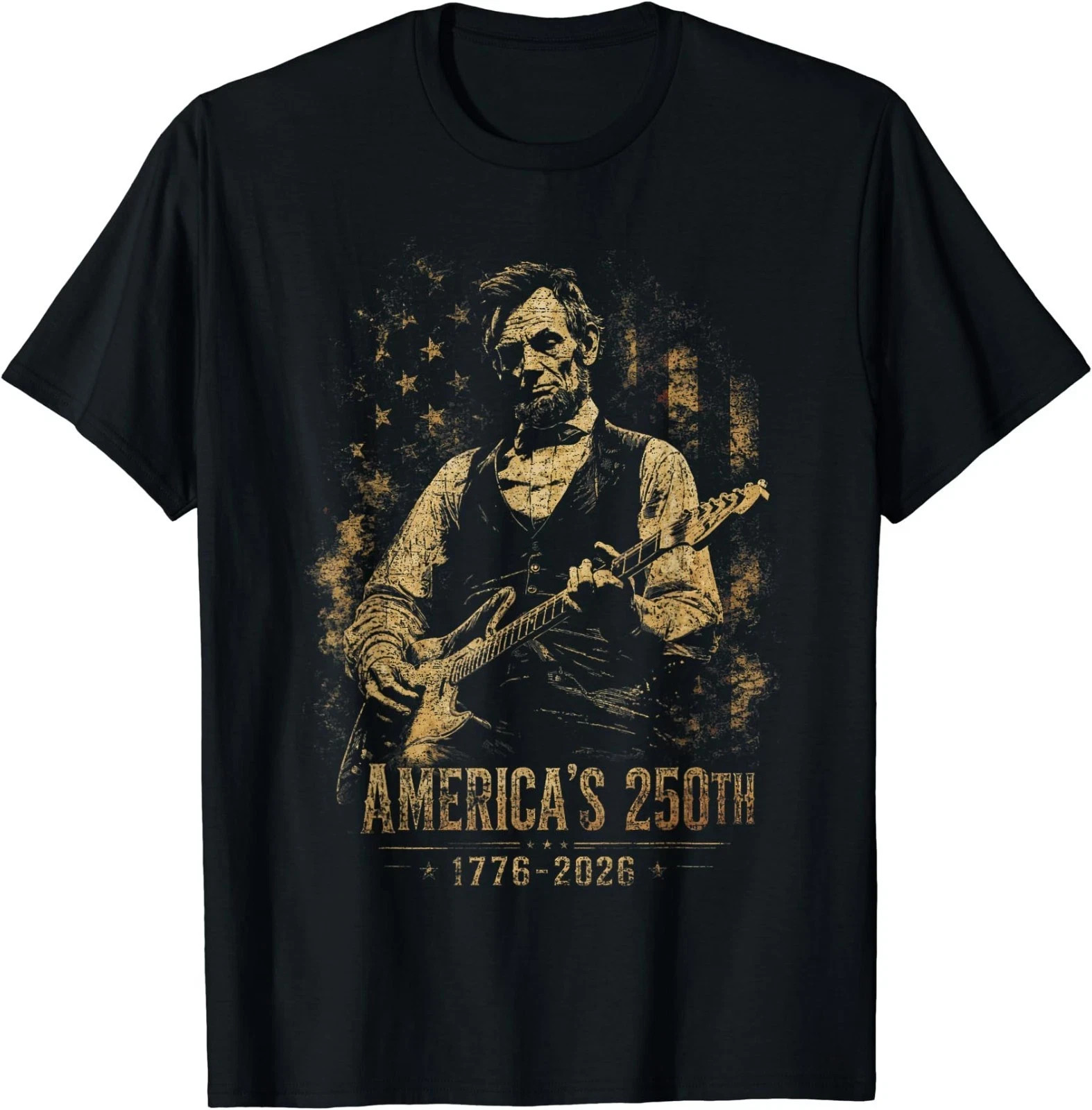 America&rsquo;s 250th Abraham-Lincoln Playing Guitar Retro Vintage T-Shirt