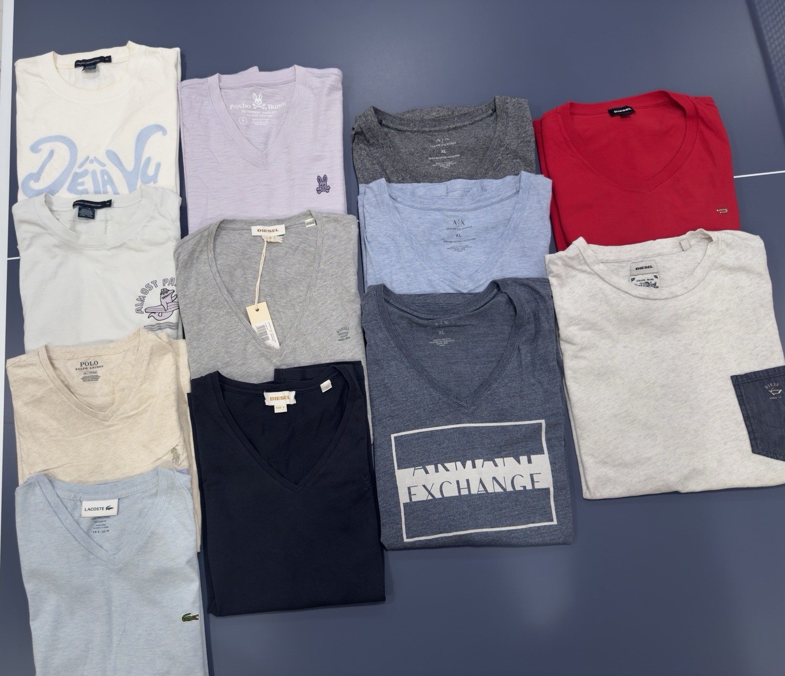 PRE-OWNED LOT OF 12 DESIGNER DIESEL ARMANI LACOSTE FCUK POLO – ALL HAVE DAMAGE