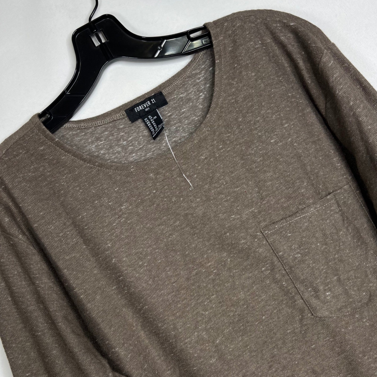 Forever 21 Brown Long Sleeve Pocket Tee Men XL Marled Crewneck Casual Minimalist