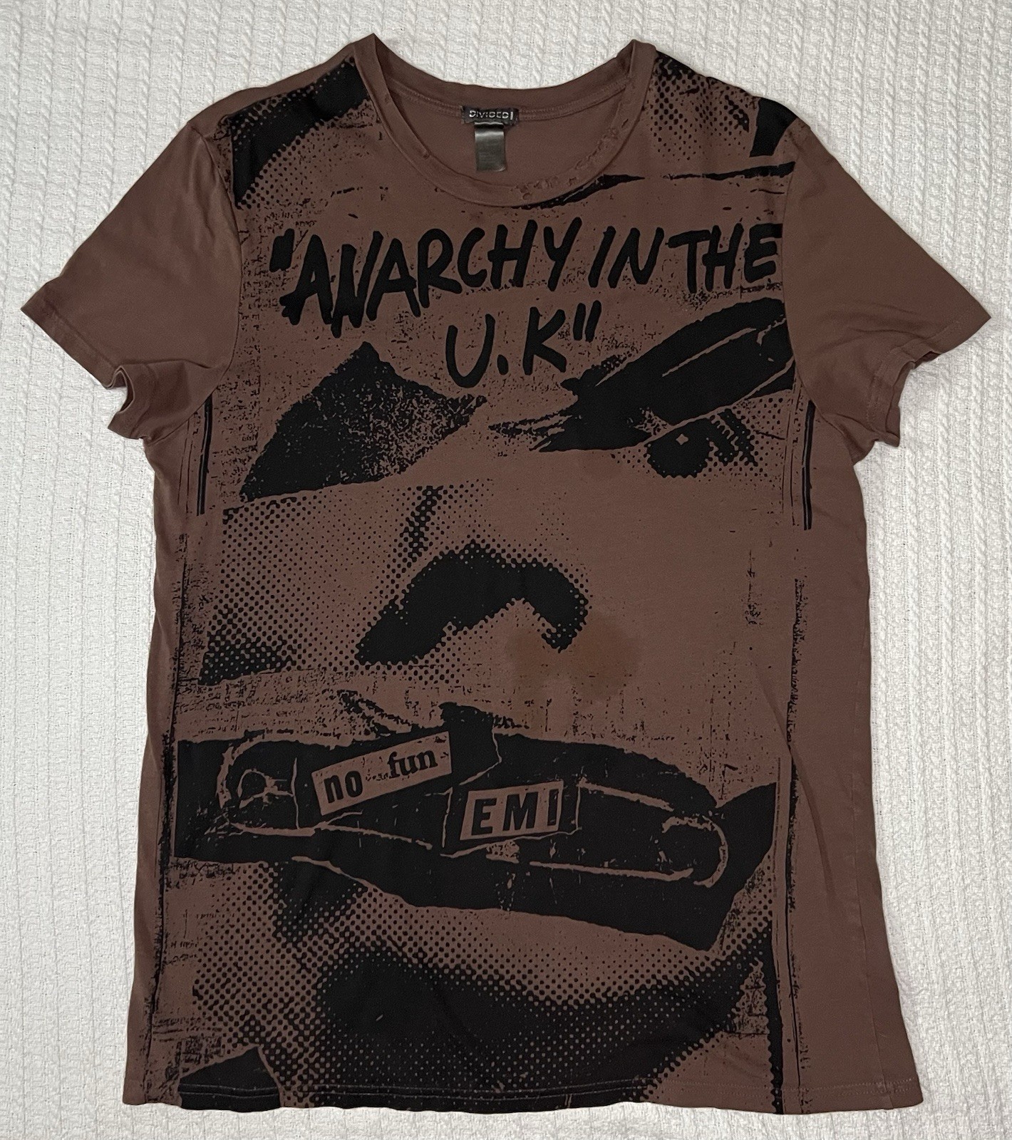 H&M Sex Pistols Anarchy in the UK Shirt LG 21” X 29” Brown Distressed
