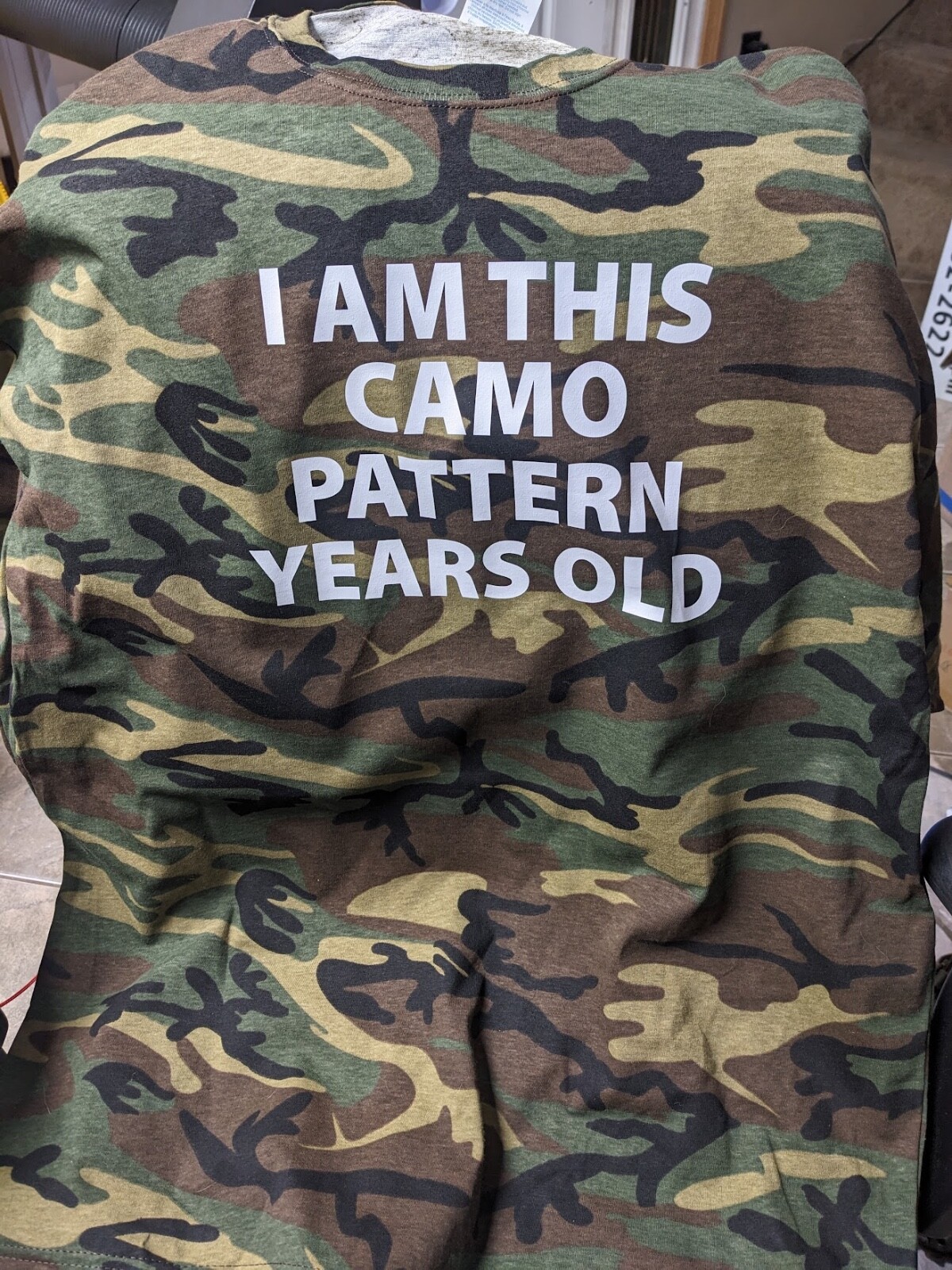 I&rsquo;m this camo pattern tee – old soldier – M81 Woodland camo BDU pattern
