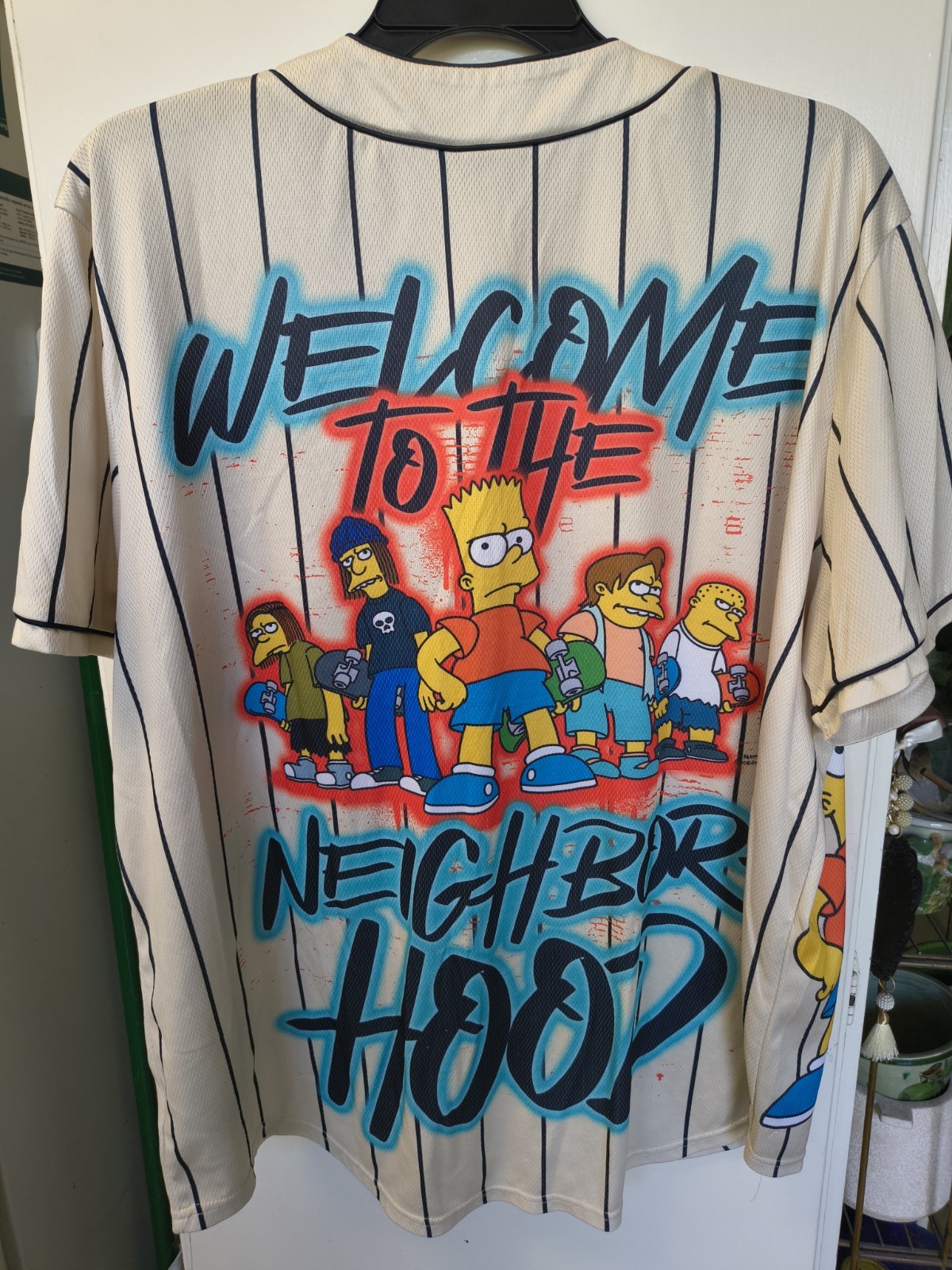 Men&rsquo;s 2X Bart Simpsons Baseball Jersey Welcome to the Hood (Missing Button)