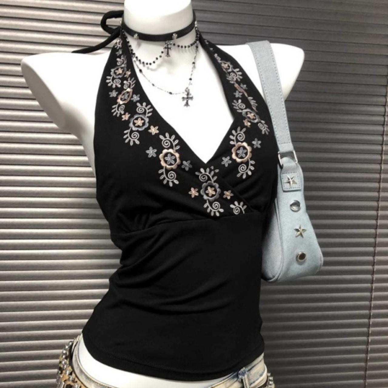 Y2K Black V-Neck Halter Top Boho Floral Embroidered Vintage Retro Festival Cami