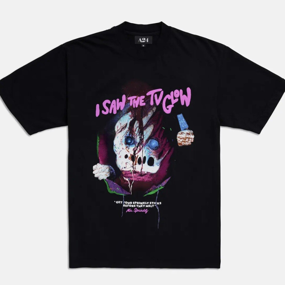 M – A24 NEW I Saw The TV Glow Puff Print Mr. Sprinkly Tee Pink Opaque t shirt