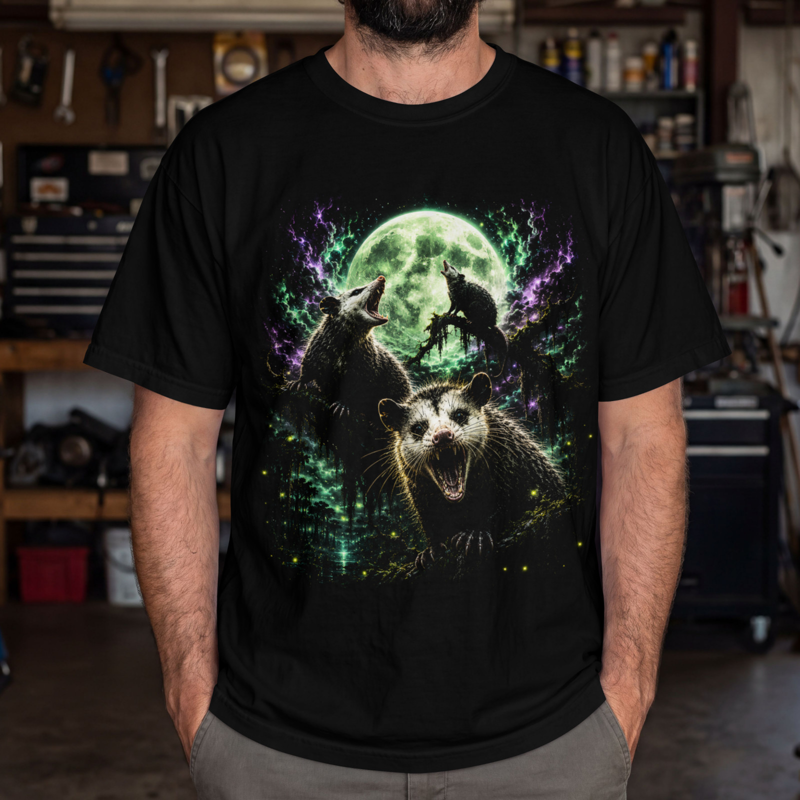 Three Opossum Moon T-Shirt Funny Screaming Possum Graphic Tee Black Moon Unisex