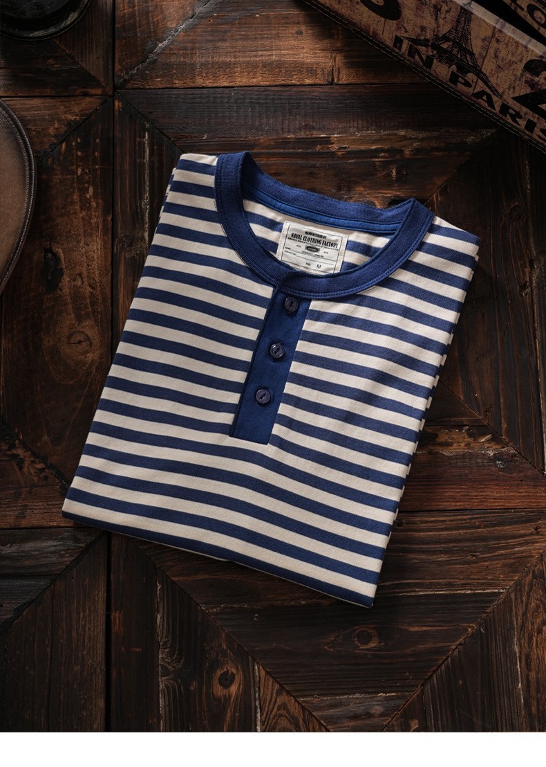 American Tough Guy Style Henry Collar Striped Washed Cotton Short Sleeved Shirt