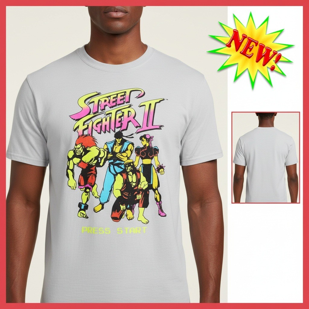 Street Fighter II T-Shirt Men&rsquo;s XL Silver Graphic Tee Press Start Capcom Gaming