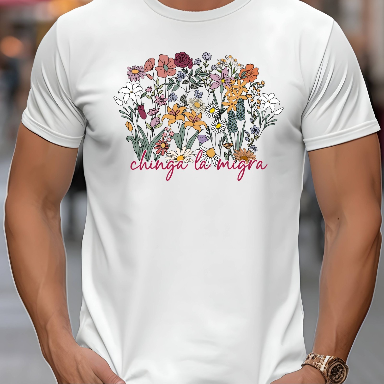 Chinga La Migra Subtle Flowers Anti ICE Adult T-Shirt