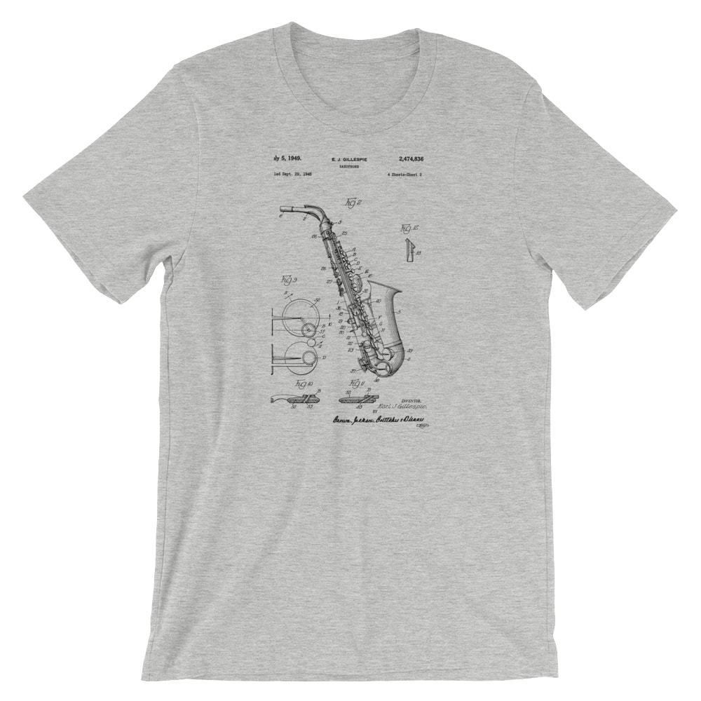Saxophone Patent T-Shirt. Saxophone Shirt 100% Soft Cotton Tee on Black, White