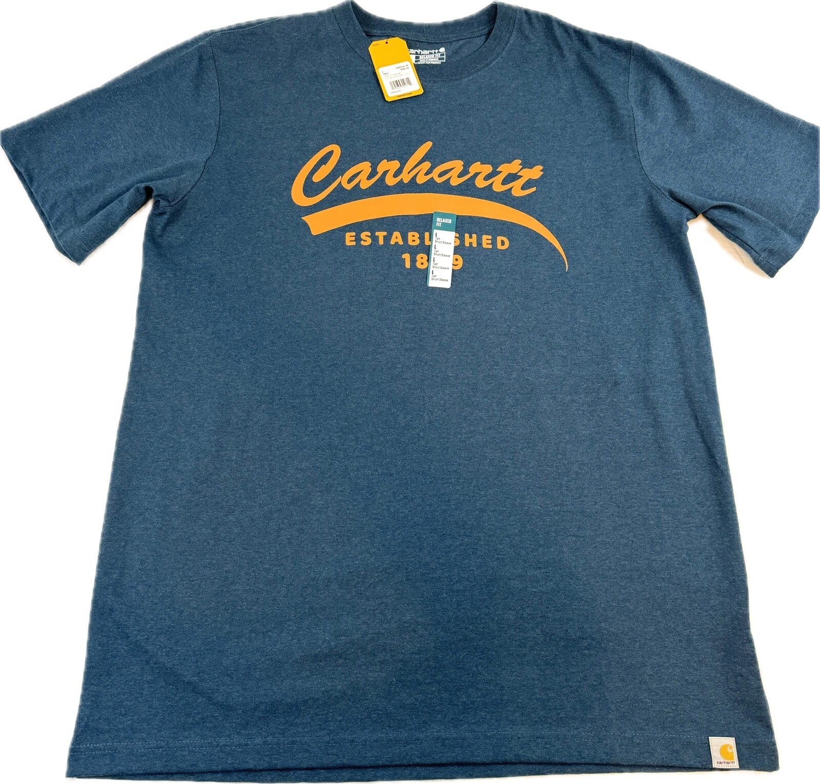 Carhartt Men’s Tshirt Short Sleeve Navy Heather Gold Script Logo Size Large Tall