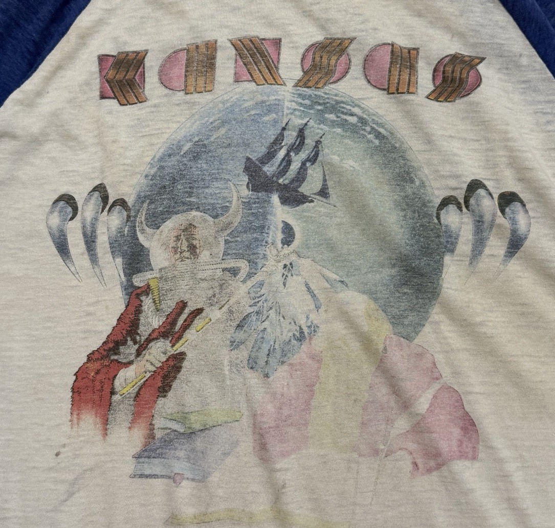 Vintage Kansas Band Raglan T Shirt 1970s Blue White Concert Rock XL USA