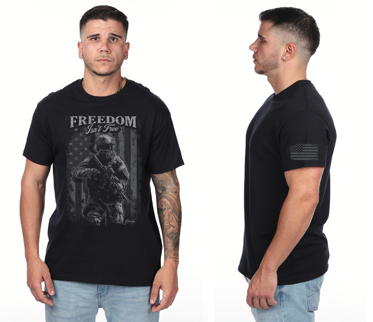 Freedom Isn&rsquo;t Free Military Patriotic Veterans Day T-shirt American Flag Sleeve