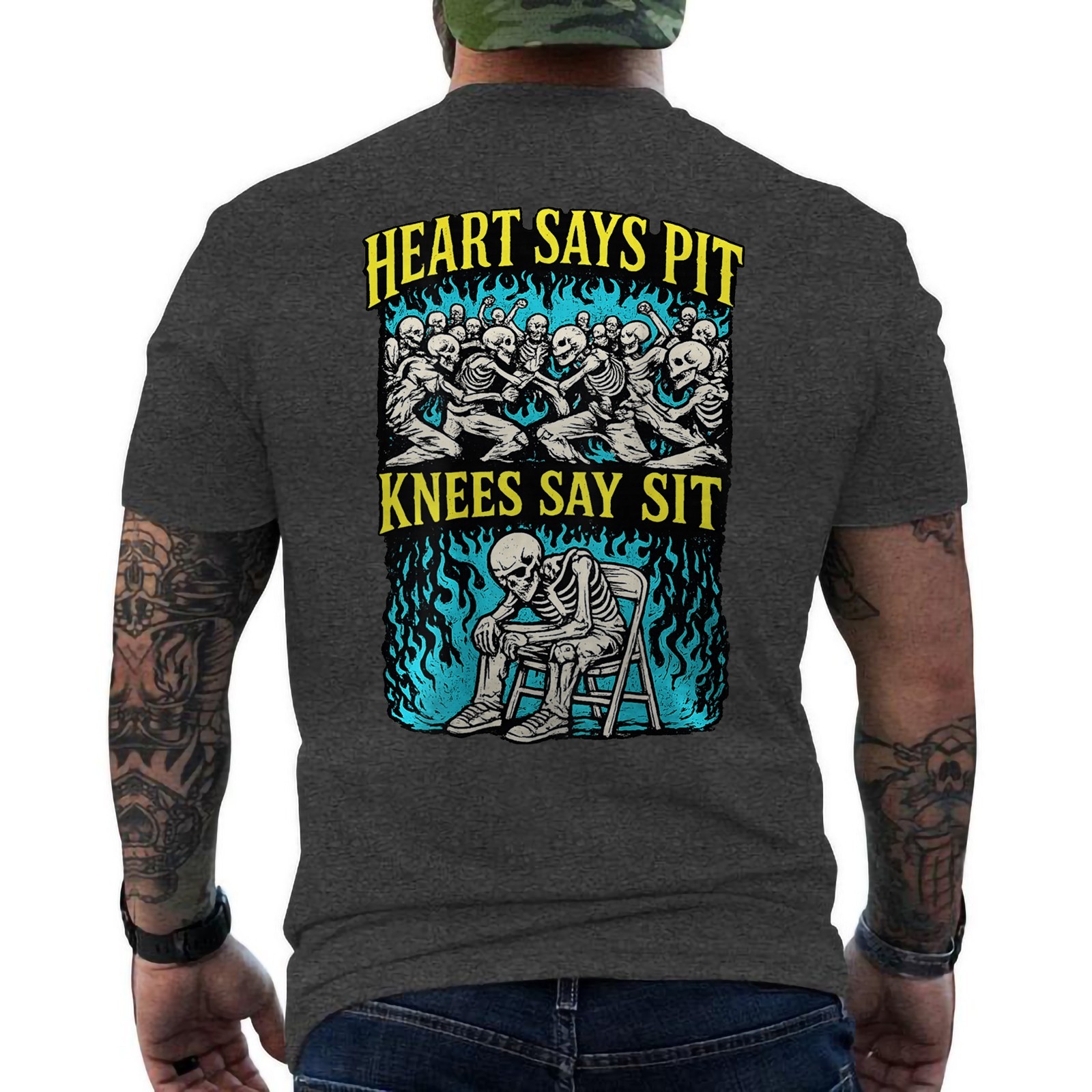 Heart Says Pit Knees Say Sit Funny Skeleton Gym And Concert ON BACK T-Shirt