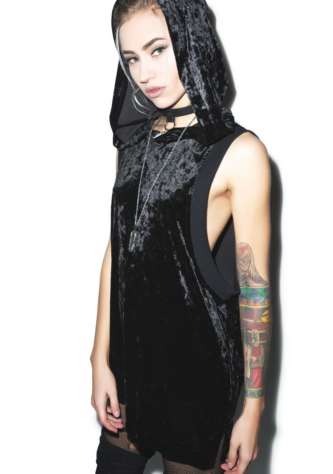 WIDOW by LIP SERVICE UNISEX GOTHIC PUNK ROCKER CRUSHED VELVET SHIRT HOODIE
