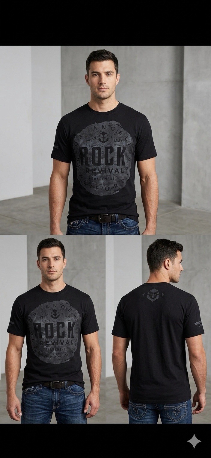 ROCK REVIVAL JEANS Black FREEMAN Regular Fit Short Sleeve Graphic T-shirt NWT