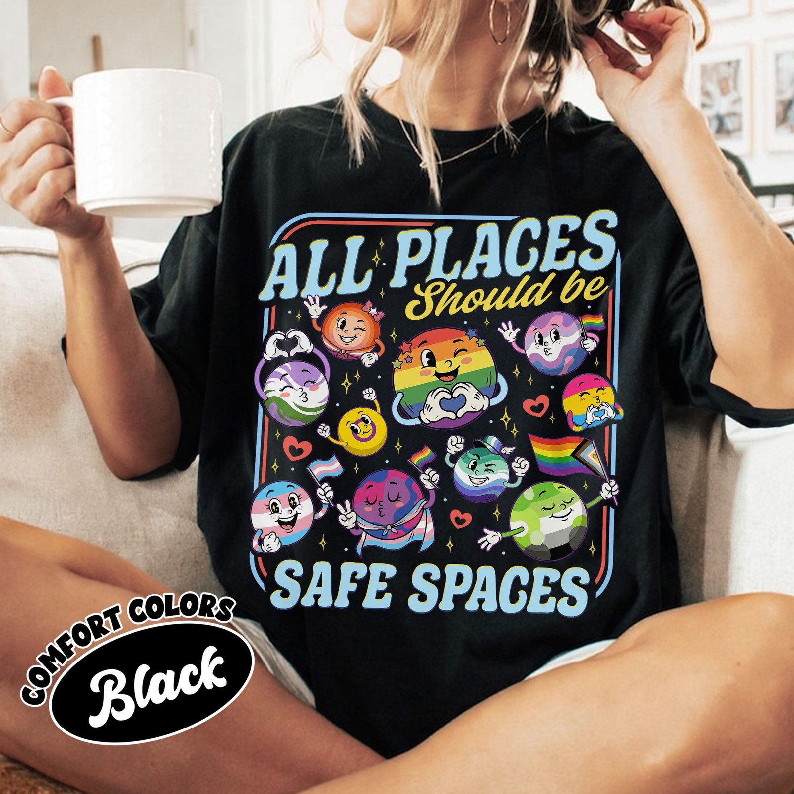 Pride Planets T-Shirt, Rainbow Cosmic Safe Spaces LGBTQ Awareness Tee