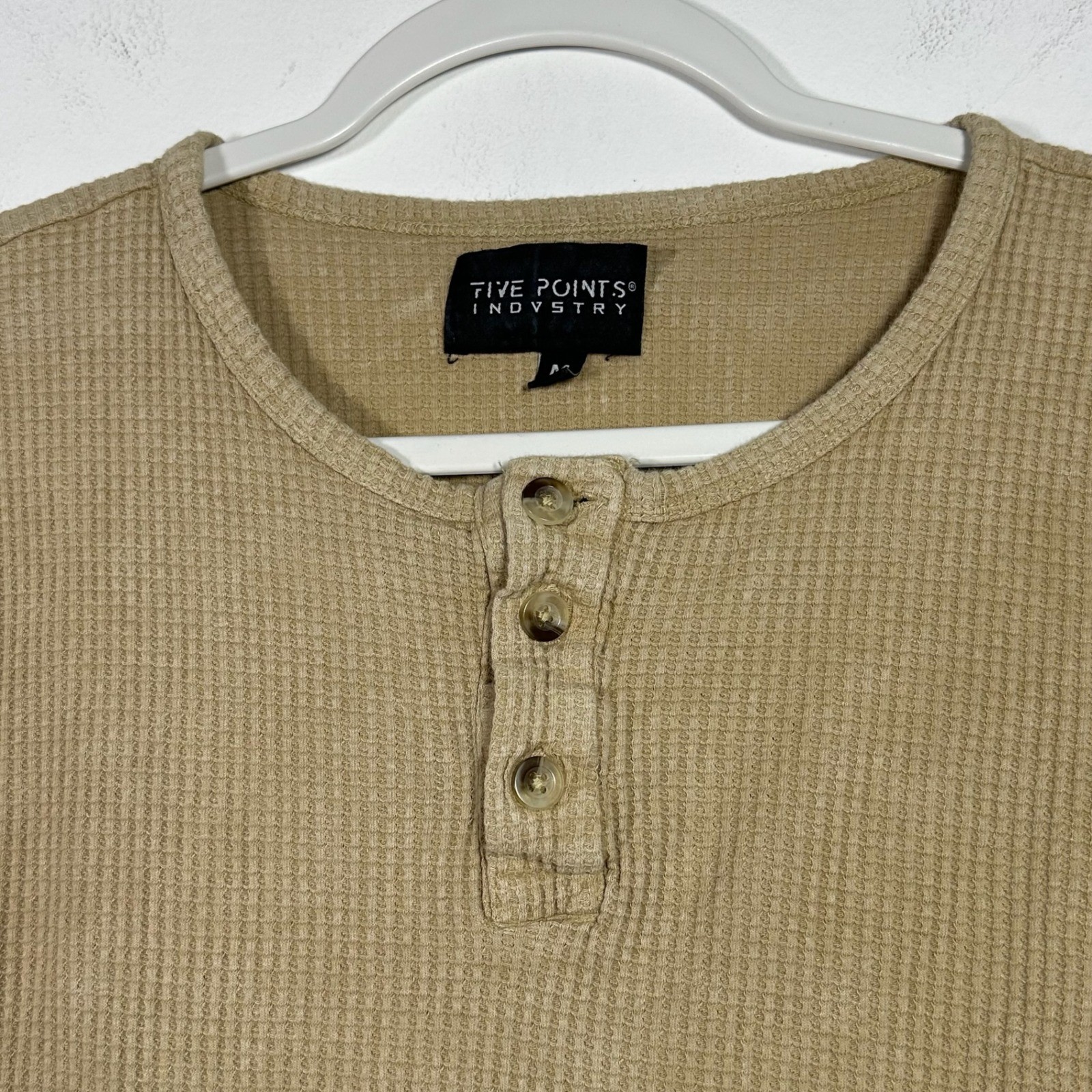 Five Points Industry Mens Tan Waffle Knit Henley Long Sleeve Shirt Medium Khaki