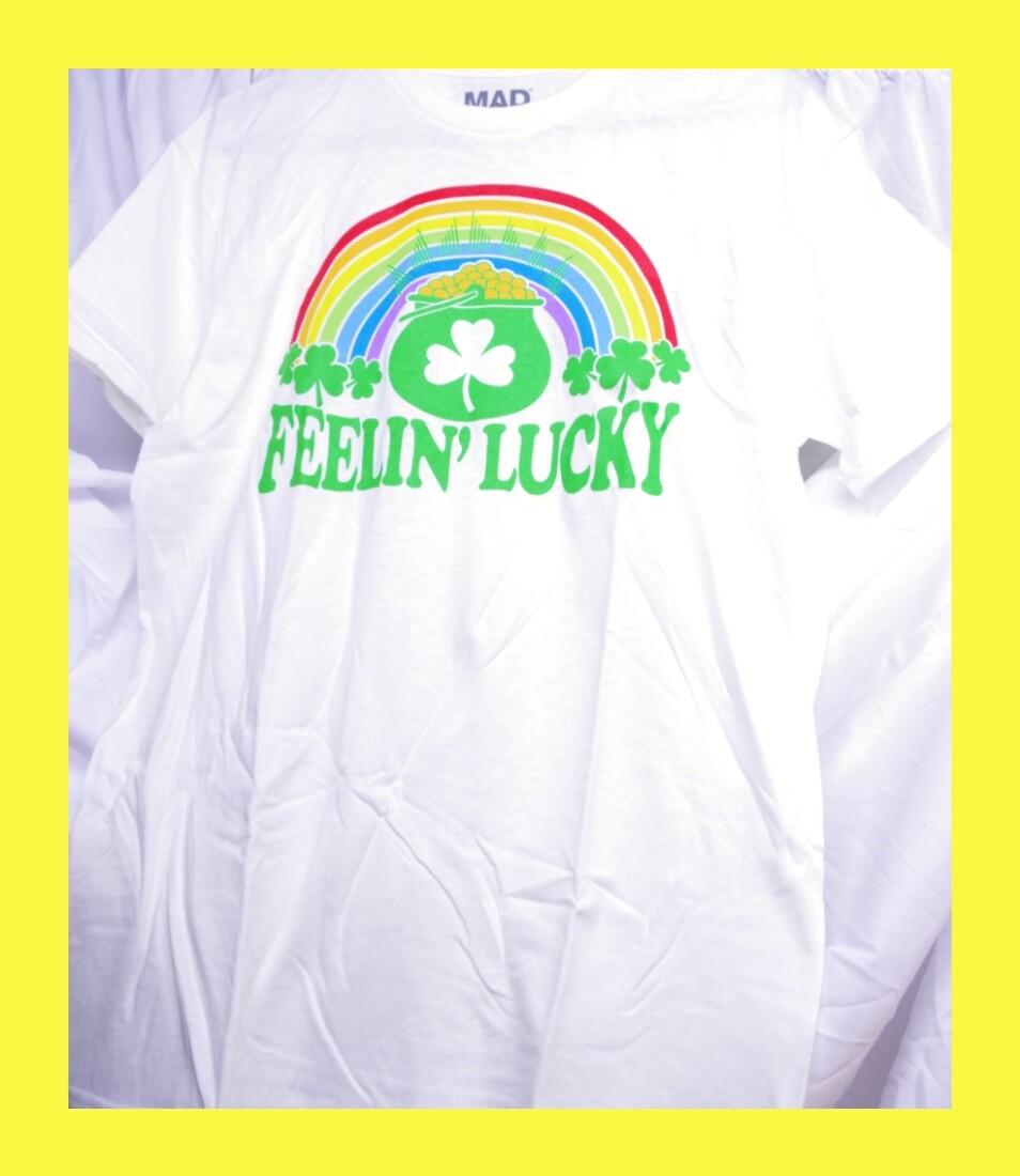 MEDIUM St. Patricks Day Feelin&rsquo; Lucky Rainbow Pot O&rsquo; Gold White T-Shirt