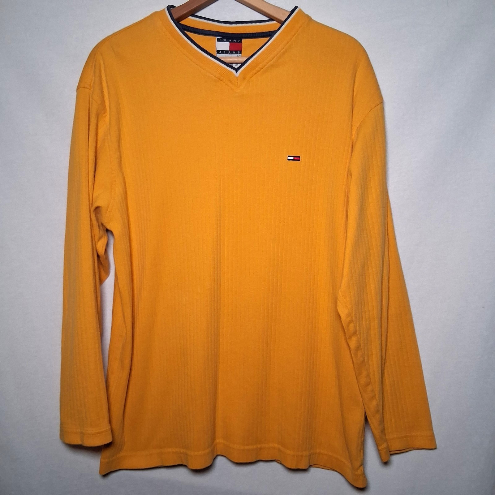Vintage 1990s Tommy Jeans Shirt Men L Ribbed Knit Gold Long Sleeve V Neck