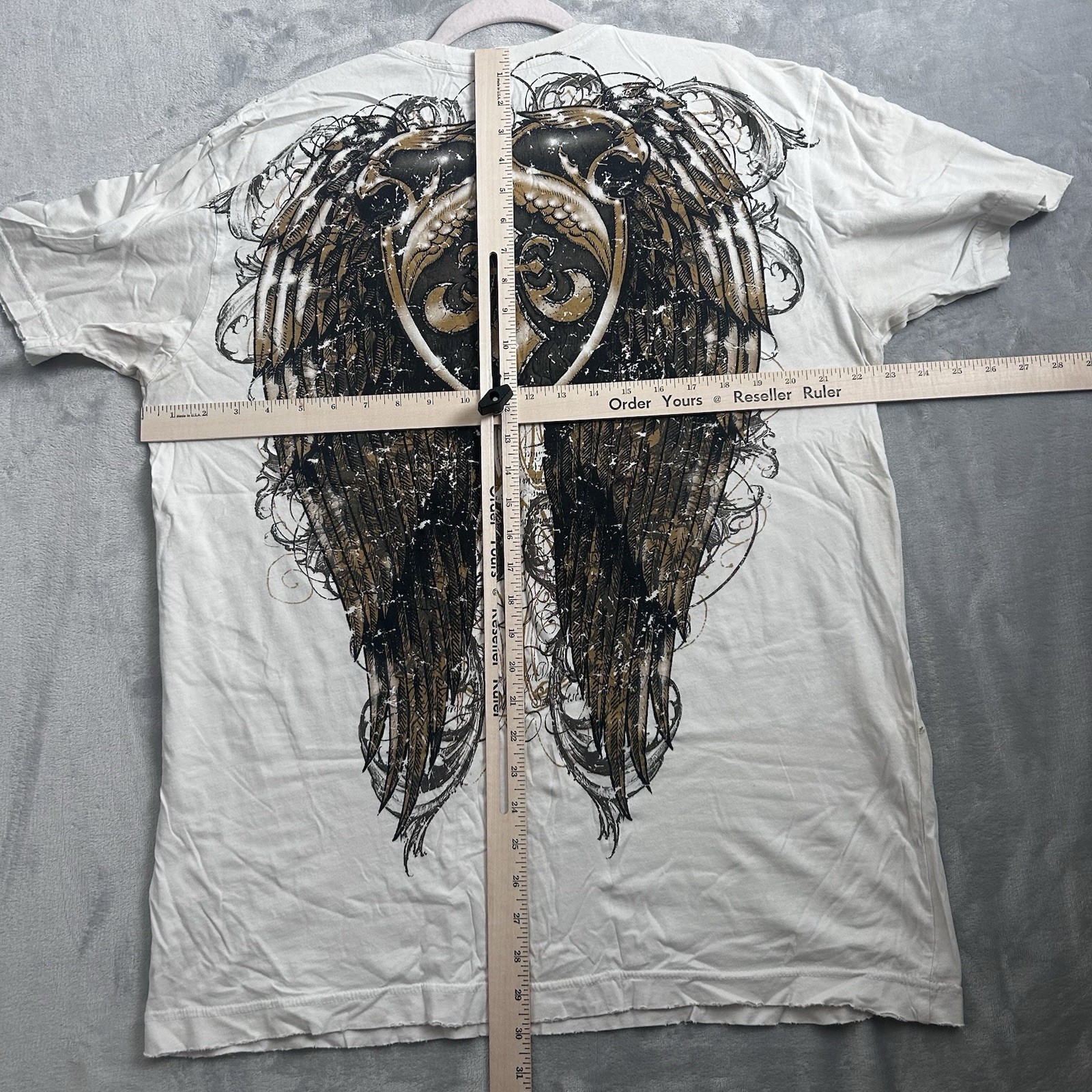 Affliction Cross Wings Shirt Mens XL White Gold Y2K Gothic Biker MMA Double Side