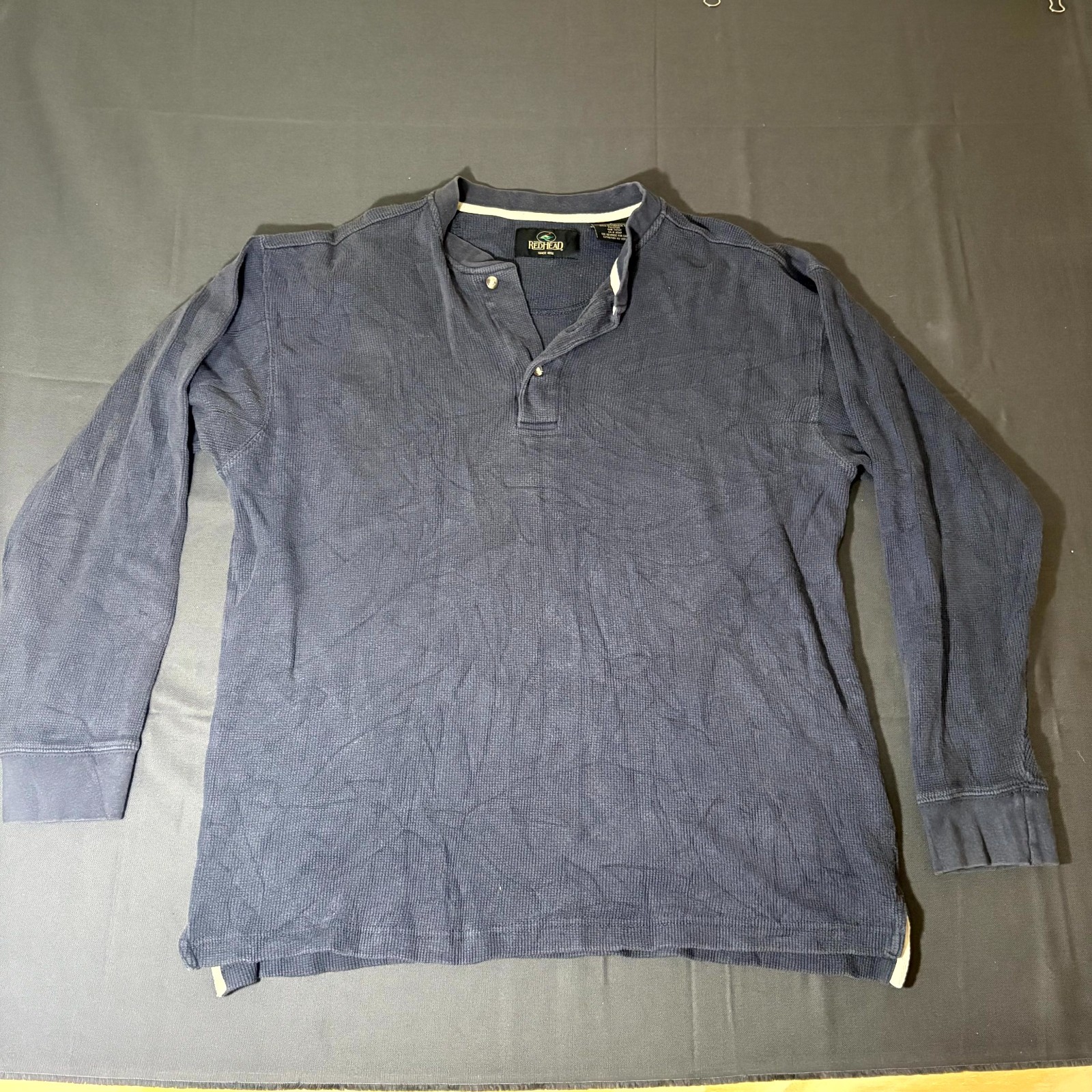RedHead Thermal Shirt Mens Large Navy Blue Waffle Knit Cotton Henley Neck Casual