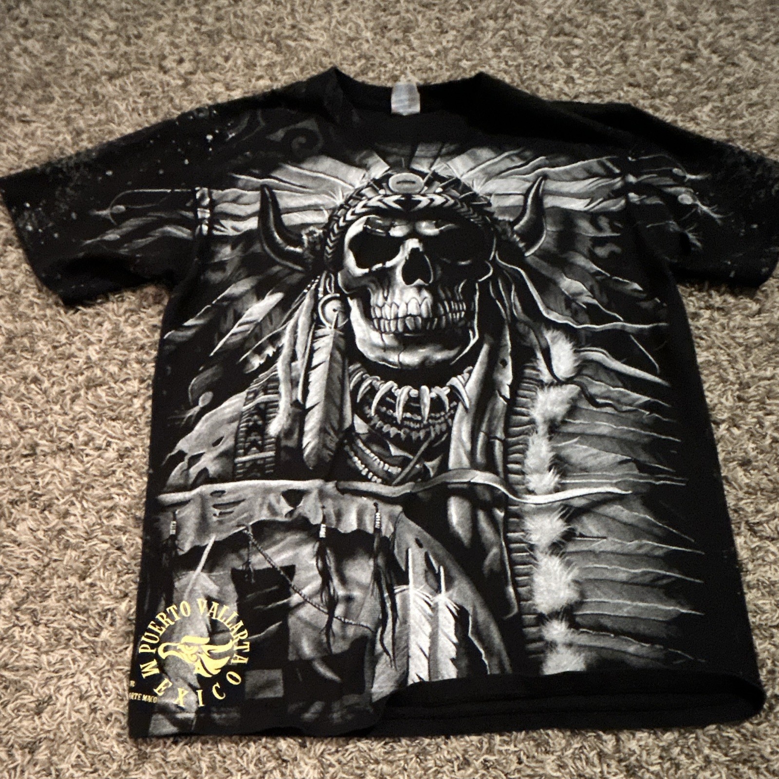 Yazbek Men’s L Black Cotton Graphic Skull Native American Crew Neck T-Shirt