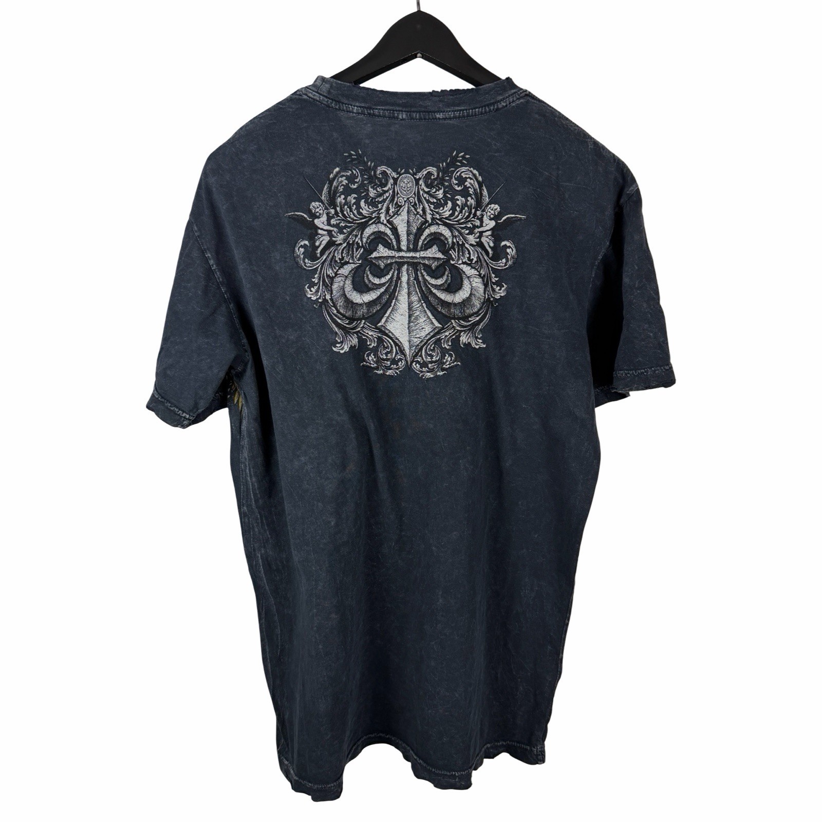 Mens Y2K Affliction Cross Wing Grunge Punk AOP Graphic Grey Shirt Size L