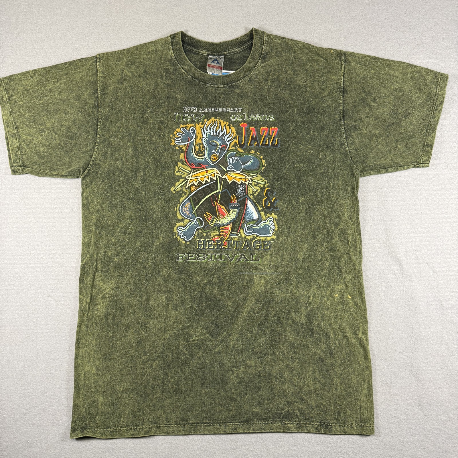 Jazz T-shirt Men&rsquo;s L Green Acid Wash Vintage 1999 New Orleans Jazz