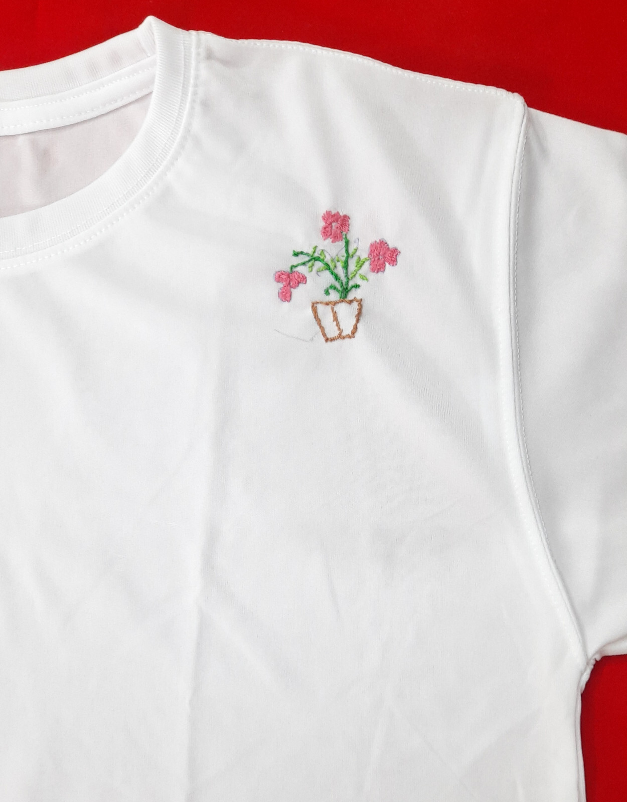 Hand Embroidered T-Shirt with Floral Vase Design – Unisex, Casual Wear Free Ship