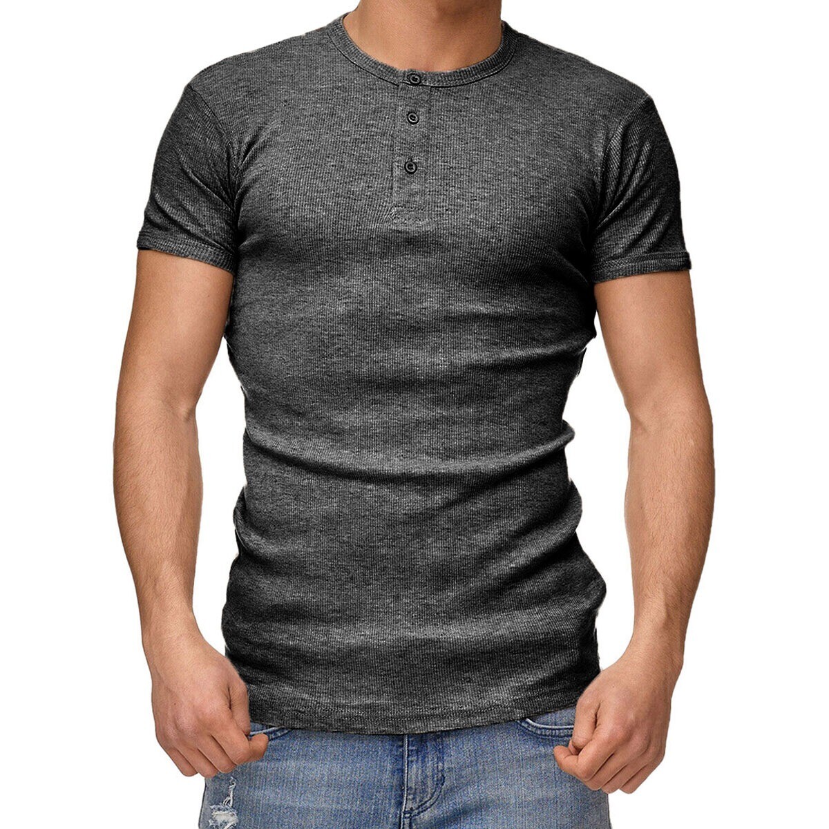 Mens Henley T-shirt Short Sleeve Ex Brand Plain Grandad Neck Tops Casual Summer