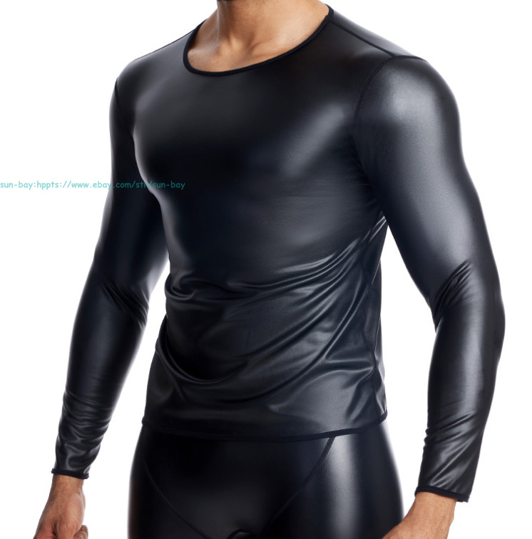Men&rsquo;s Round Neck Long Sleeve PU Leather T-shirt Party Club Pullovers Tops Casual
