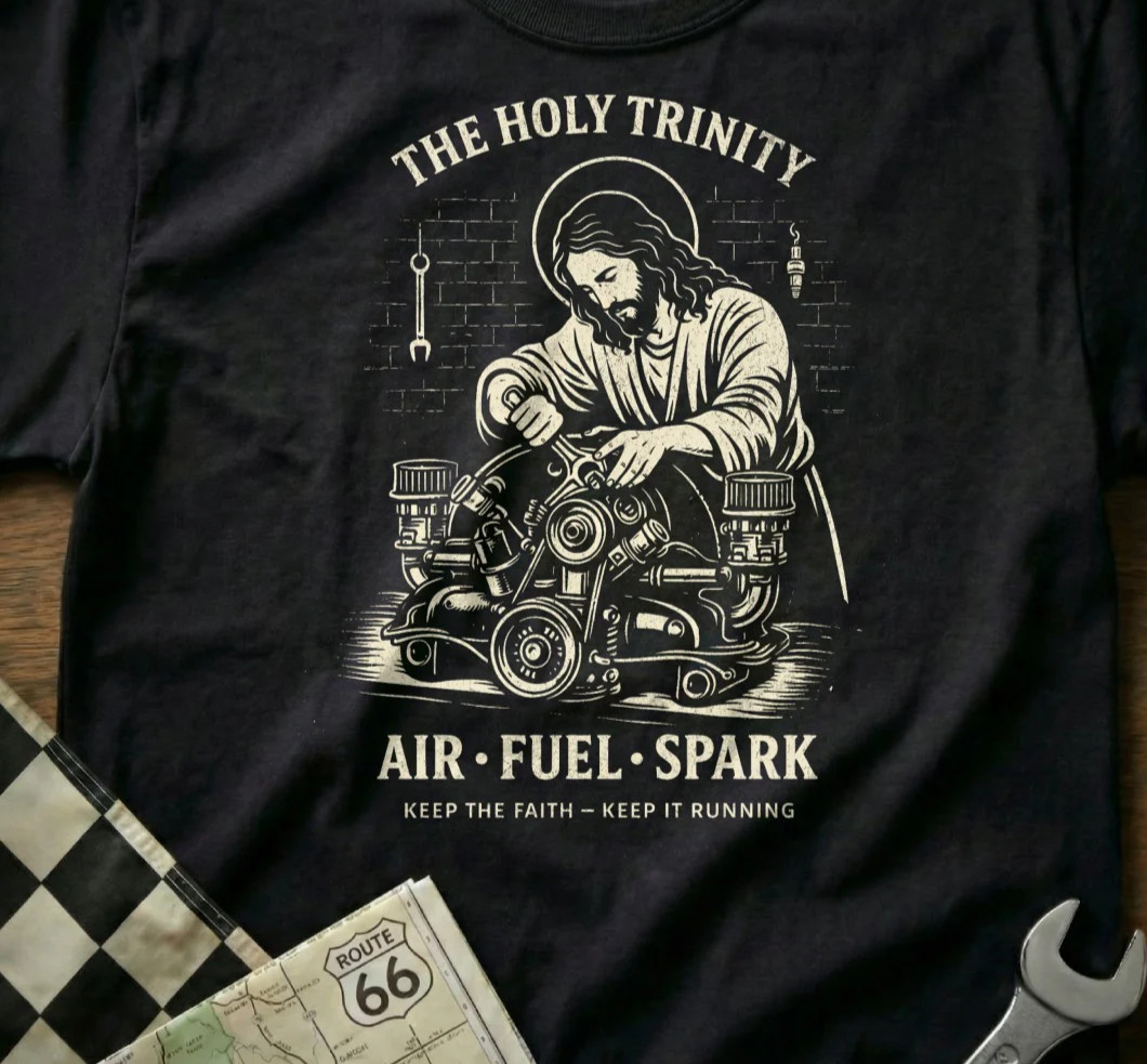 Mechanic Christian The Holy Trinity Air Fuel Spark Graphic Tee Car Guy Gift Tee
