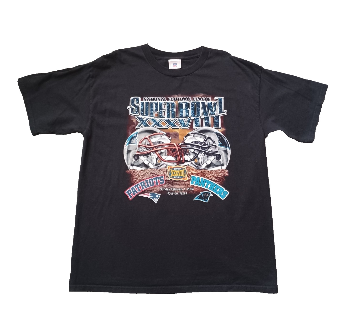 Vtg NFL Super Bowl XXXVIII Patriots VS Panthers Mens T Shirt Large Black Graphic