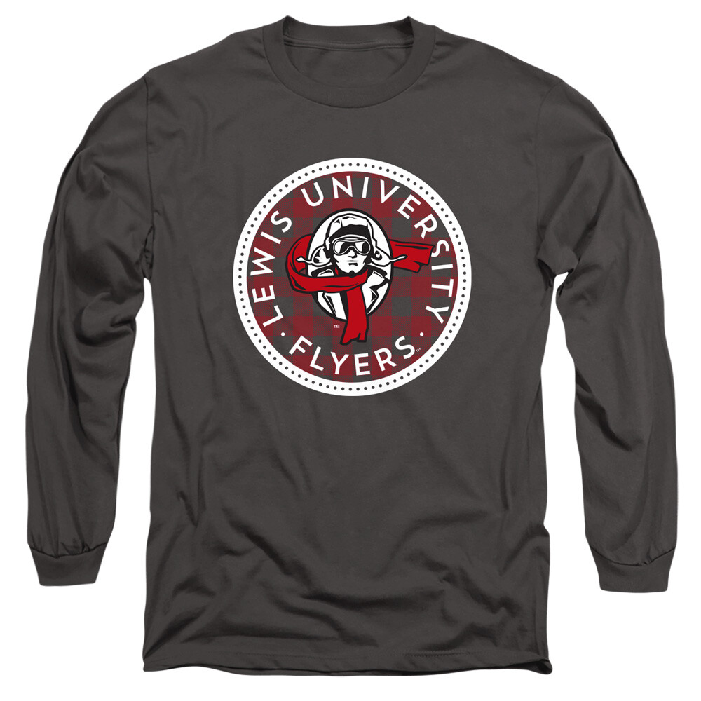 Lewis University Adult Long Sleeve T-Shirt Plaid Badge, Charcoal, S-3XL