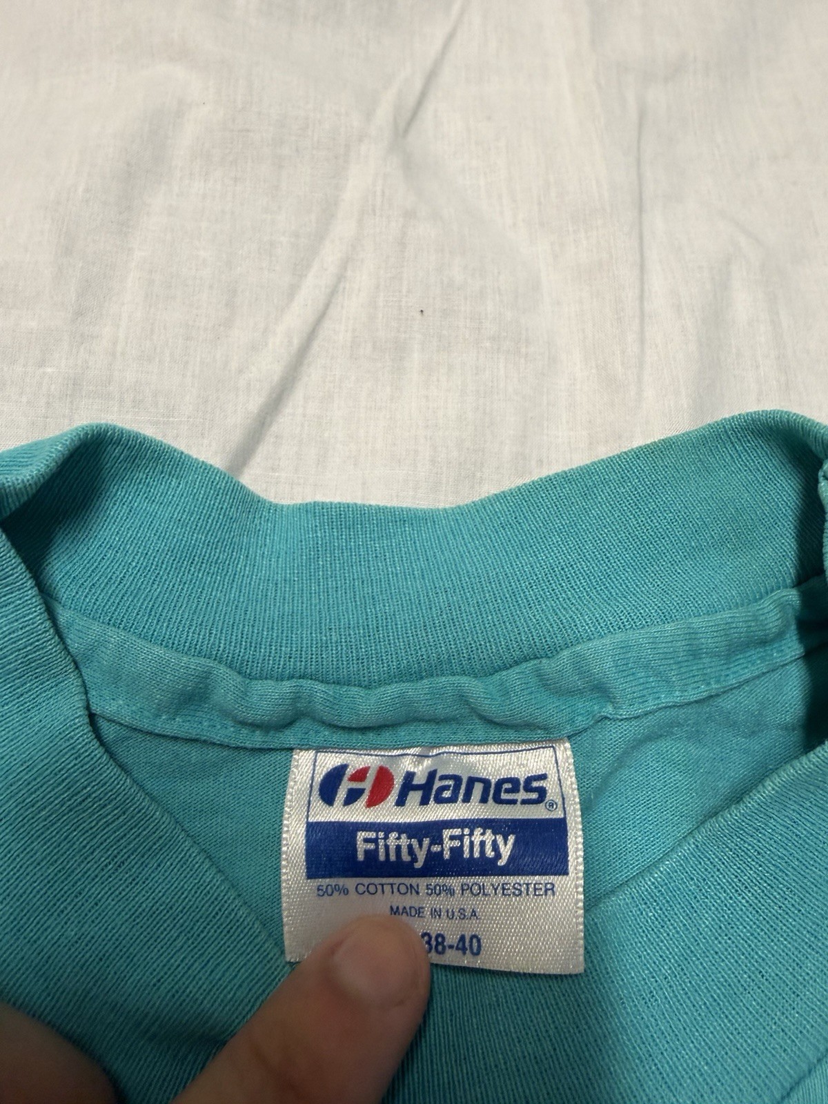 Vintage 80s Hanes T Shirt Mens M Teal Kitten Da Vinci Art USA 50/50