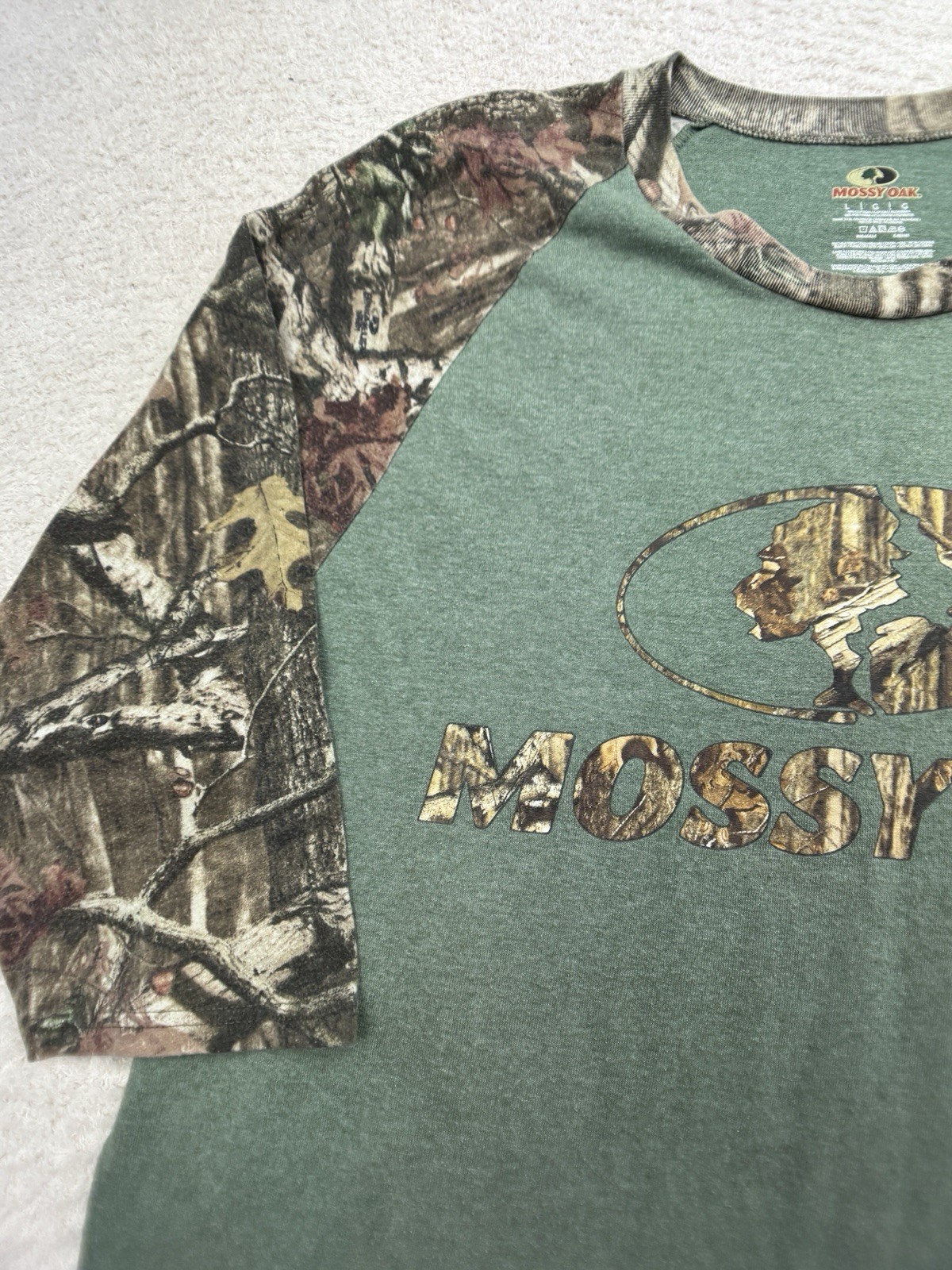Mossy Oak Mens T Shirt Large Green Camouflage Crew Neck 3/4 Sleeve Raglan Tee L
