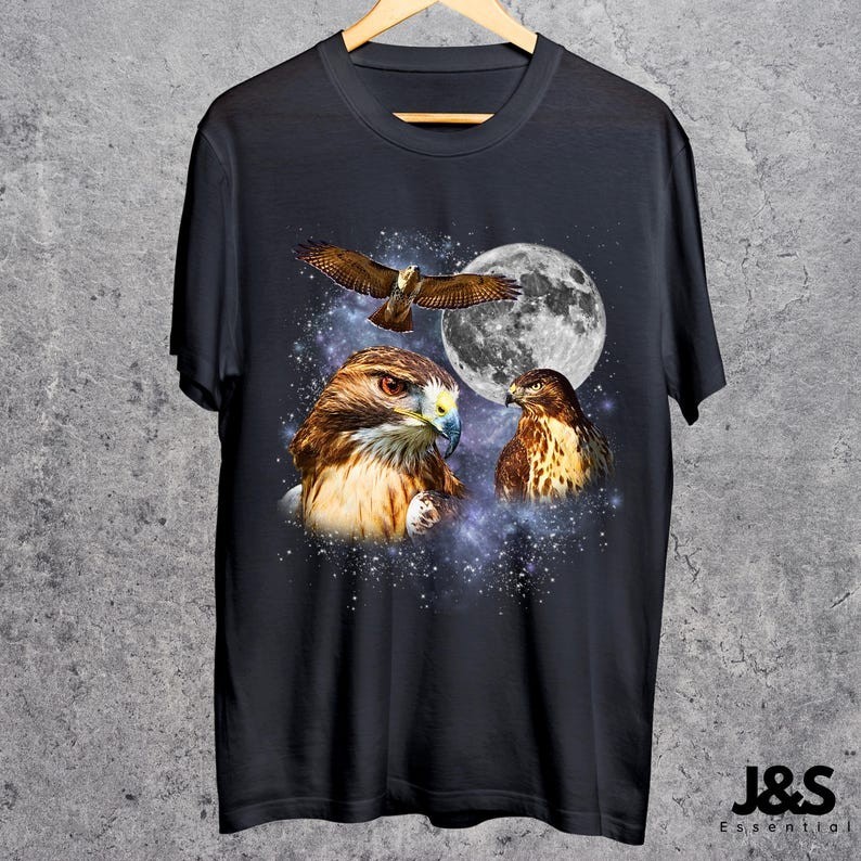 Three Red Tailed Hawk Retro Graphic T-shirts, Vintage Hawk Moon Tshirt
