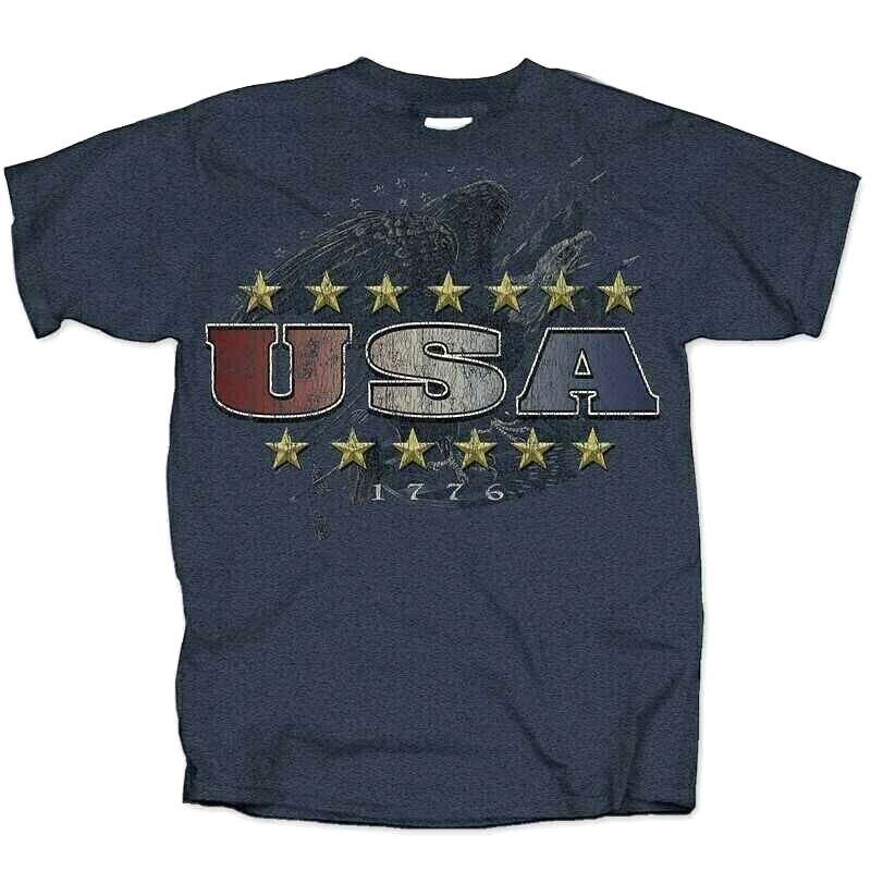 PATRIOTIC USA EAGLE STARS MEN&rsquo;S DISTRESSED STYLE NAVY HEATHER COTTON TEE SHIRT