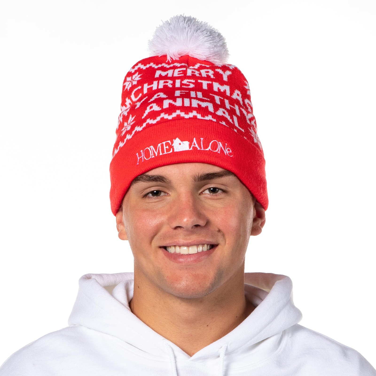 Home Alone Merry Christmas Fold Cuff Pom Adult Knit Beanie Red Winter Hat Cap