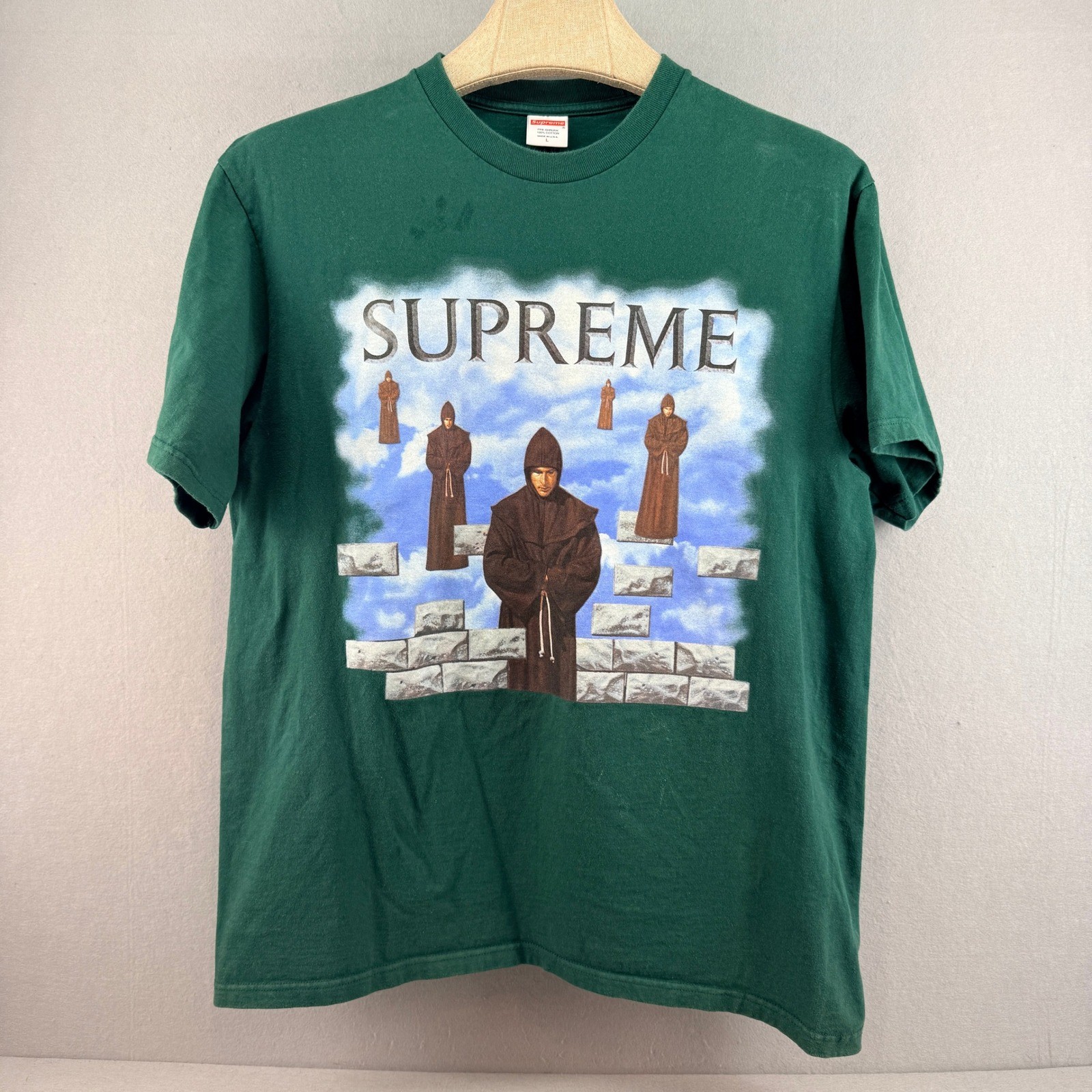 Supreme Monks Graphic T-Shirt Mens Large Green Short Sleeve Cotton Streetwear