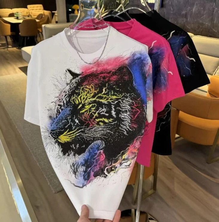 New Men Luxury Diamond Tiger Rhinestones Fashion T-Shirt High Quality 3 Colors