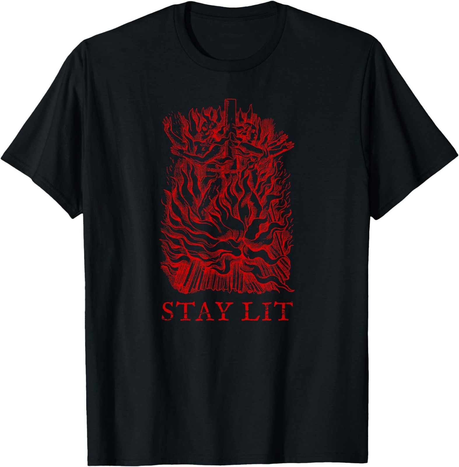 Blood Red Occult Stay Lit Burning Witch Satan Devil Hell T-Shirt