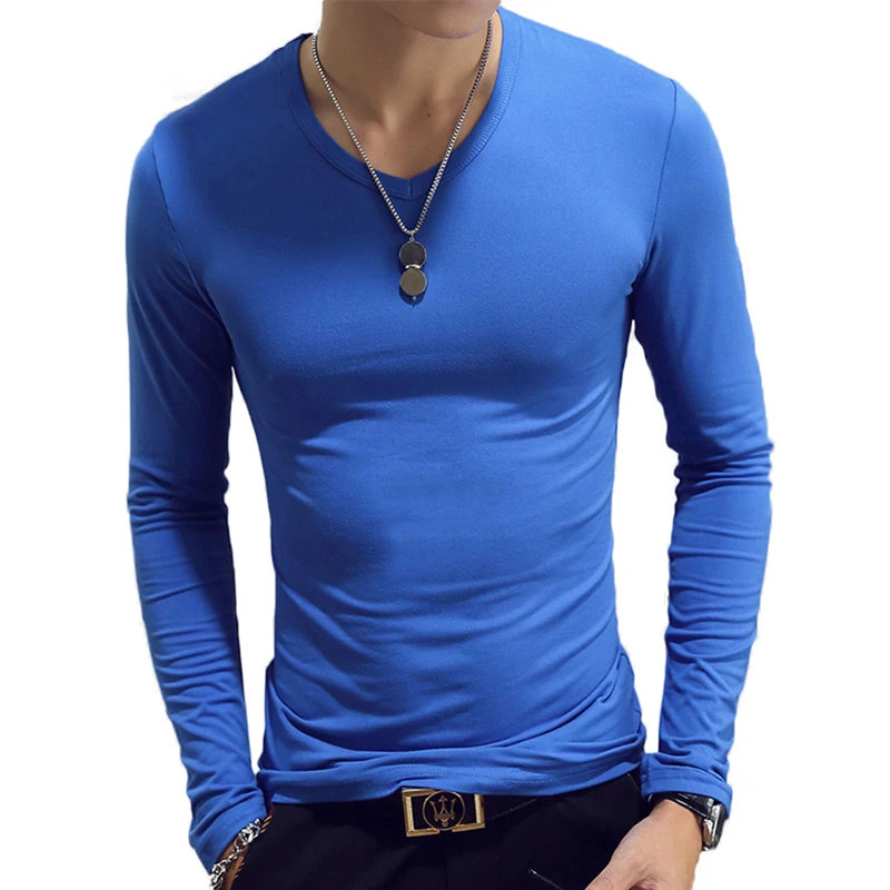 Men T Shirt Long Sleeve Slim Fit Solid Color Round Neck V Neck Cotton Top