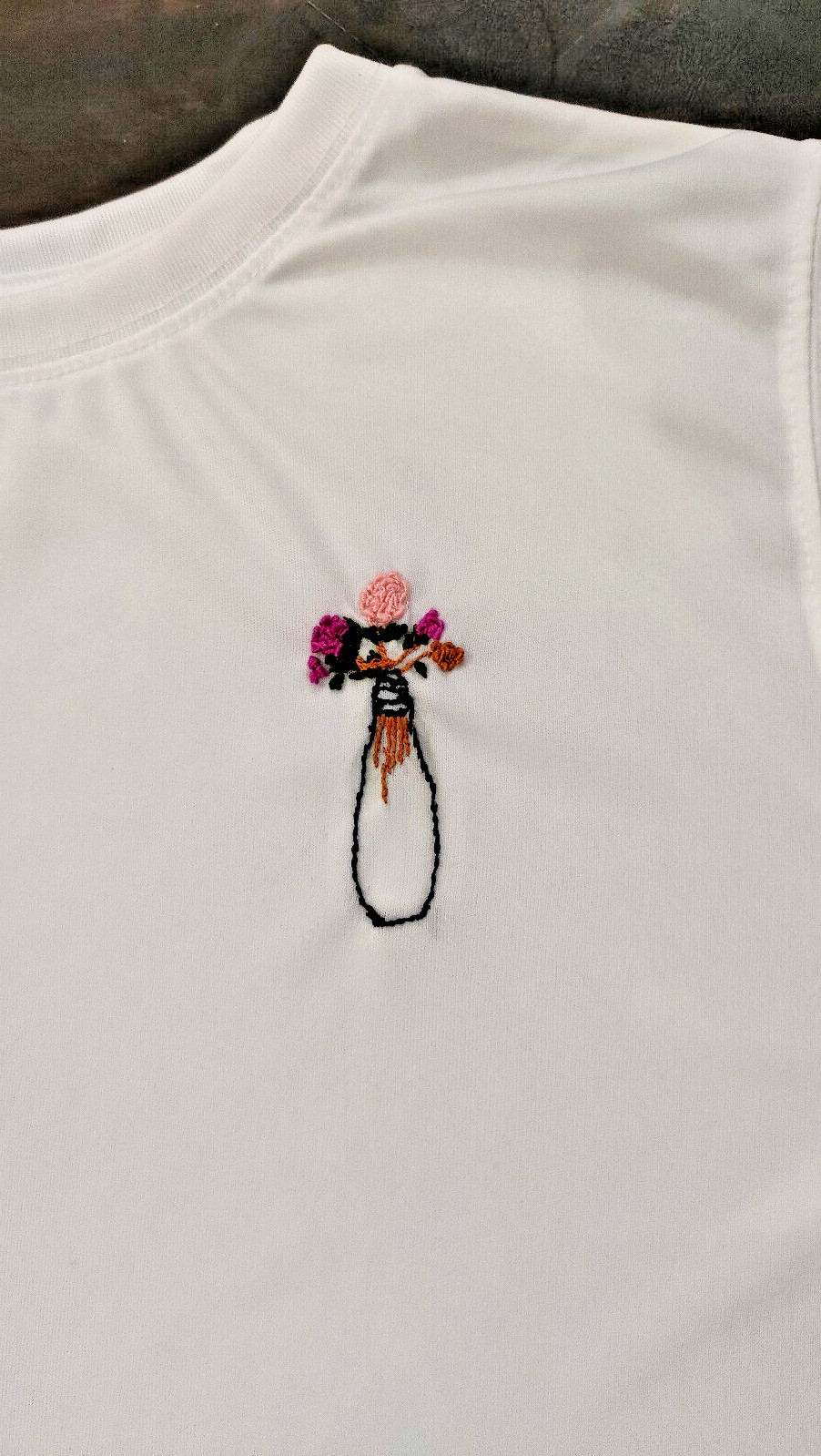 Hand Embroidered T-Shirt with Floral Vase Design – Unisex, Casual Wear Free Ship