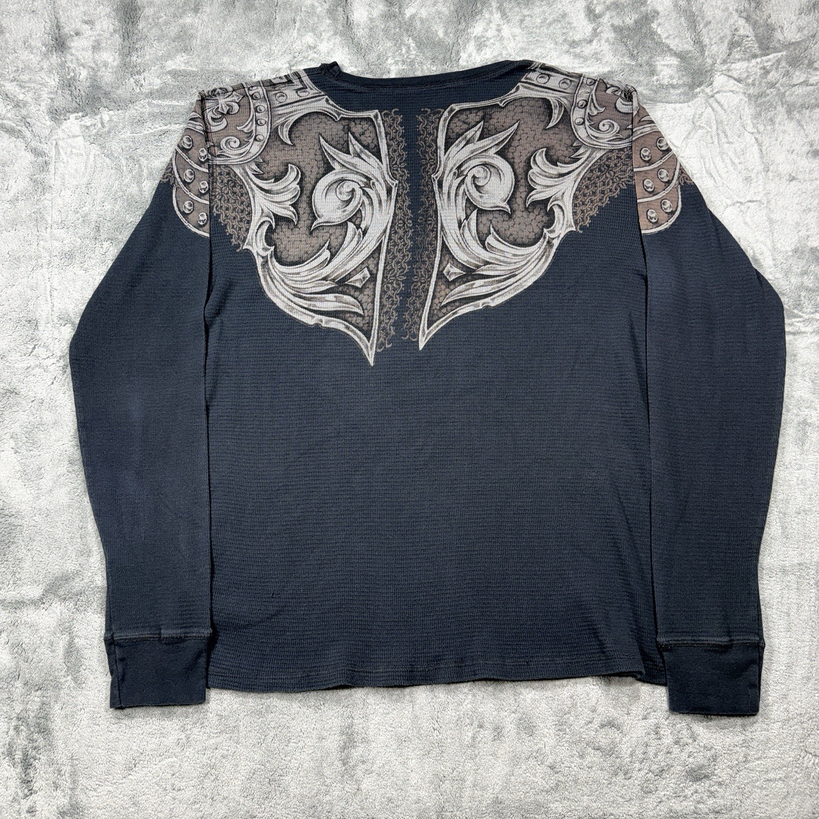 Vintage Affliction Shirt Men XXL 2XL Gray Thermal Waffle Knit Lions Armor AOP