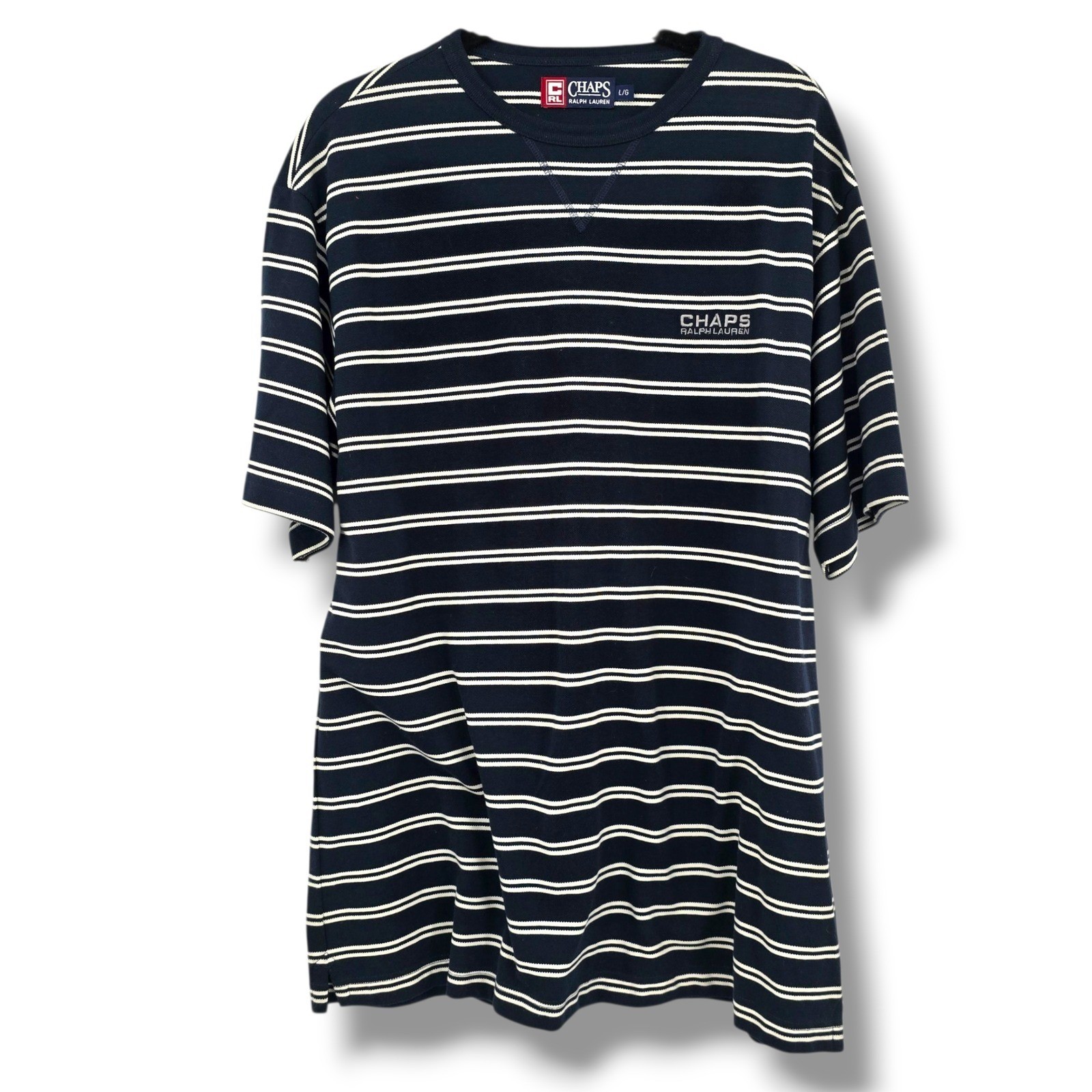 Chaps Ralph Lauren Men&rsquo;s Striped T-Shirt Crew Neck Casual Top Navy Large Vintage